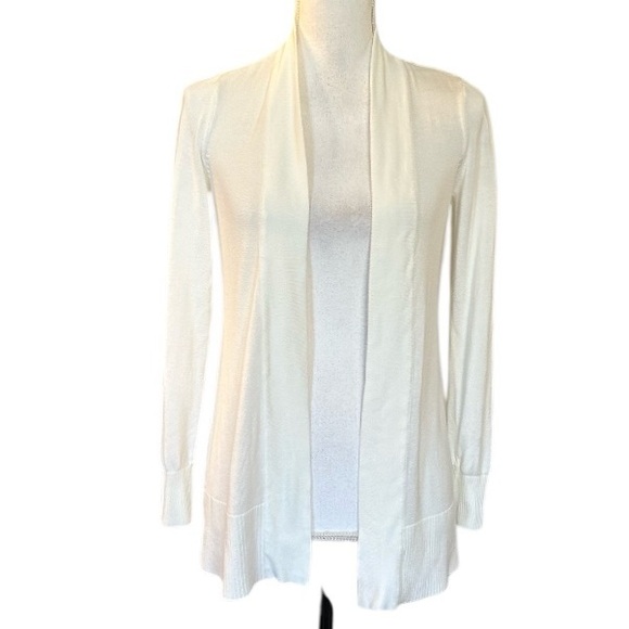 WHBM Rib-Trim Long Open Front Cardigan Sweater Women’s SZ XS in Off White - Picture 2 of 9